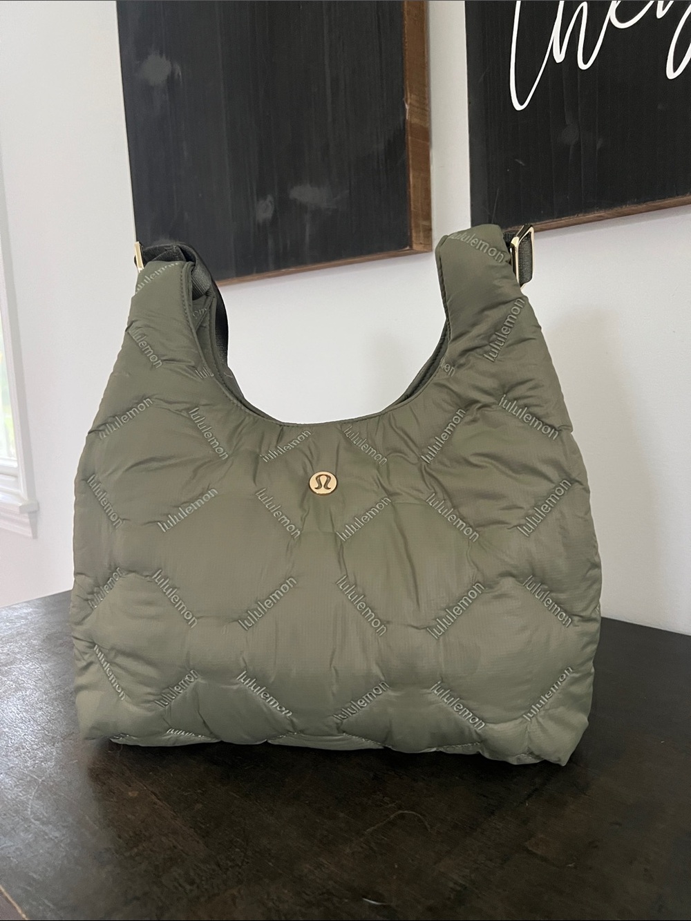 Lululemon athletica Olive Green Quilted PleasureShoulder Bag mini with Gold Logo